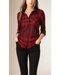 Women's Red Check Flannel Dress Shirts by Burberry | Lookastic