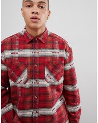 ASOS DESIGN Oversized Check Shirt With Aztec Design In Red