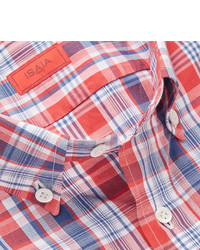 Isaia Slim Fit Button Down Collar Checked Cotton Shirt