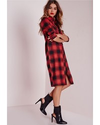 Missguided Petite Checked Oversized Shirt Dress Red