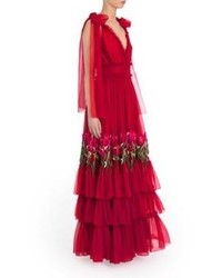 Dolce & Gabbana Bow Shoulder Embroidered Silk Chiffon Gown