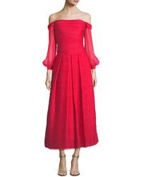 Marchesa Notte Off The Shoulder Crinkled Chiffon Tea Length Cocktail Gown