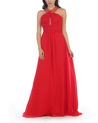 Red Bead Accent Keyhole Halter Gown Plus Too