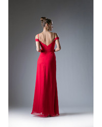 Unique Vintage Red Off The Shoulder V Neck Chiffon Gown