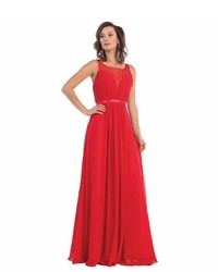 Unique Vintage Red Sleeveless Sheer Illusion Chiffon Long Dress