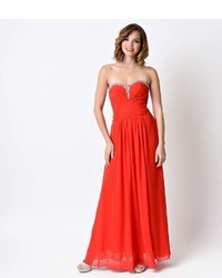 Unique Vintage Red Strapless Sweetheart Ruched Chiffon Gown