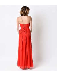 Unique Vintage Red Strapless Sweetheart Ruched Chiffon Gown