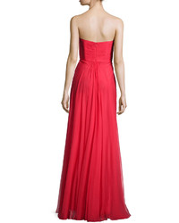 La Femme Ruched Strapless Chiffon Gown Red