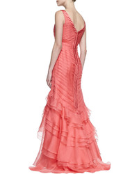 Theia Sleeveless Layered Mermaid Gown Coral