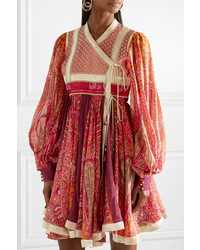 Etro Paneled Cotton And Jacquard And Printed Chiffon Wrap Dress