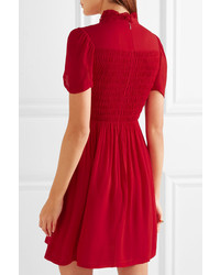 ALEXACHUNG Ruffled Smocked Chiffon Mini Dress Red