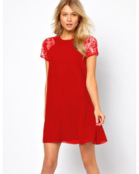 Red Lace Short Sleeve Chiffon Dress