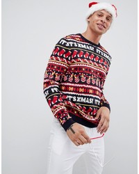ASOS DESIGN Christmas Jumper With All Over Festive Design In Navy