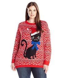 Isabellas Closet Plus Size Whimsical Cat With Santa Hat And Sequins Ugly Christmas Sweater