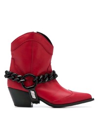 Red Chunky Leather Ankle Boots