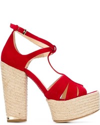 Red Chunky Suede Heeled Sandals