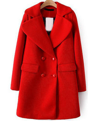 Red Lapel Long Sleeve Double Breasted Woolen Coat