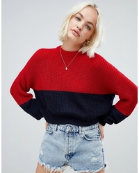 Pull&Bear Colour Block Jersey Jumper In Red