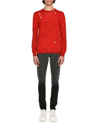 Alexander McQueen Distressed Crewneck Sweater Red