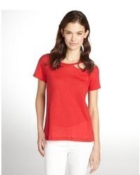 LnA Red Linen Blend Palm Desert Ripped Detail Crewneck T Shirt