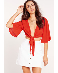 Missguided Cheesecloth Tie Front Crop Top Red