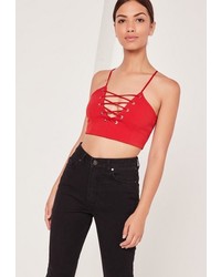Missguided Lace Up Ring Front Crop Top Red