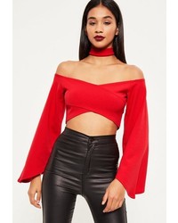 Missguided Red Flared Sleeve Choker Neck Crop Top