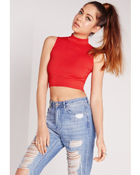 Missguided Ribbed High Neck Crop Top Red