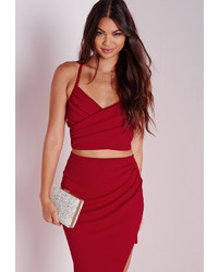 Missguided Wrap Over Crepe Crop Top Red