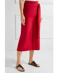 Tibi Cropped Stretch Faille Wide Leg Pants Red