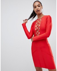 PrettyLittleThing Lattice Detail Bandage Bodycon Mini Dress In Red