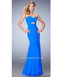La Femme Ruched Triangle Cut Out Sheer Embellished Back Prom Dress By
