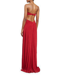 La Femme Strapless Pleated Cutout Gown Deep Red