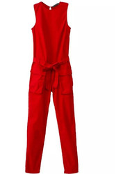 Sleeveless Pockets Belt Red Jumpsuit