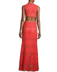 BCBGMAXAZRIA Merida Cutout Back Floral Lace Gown Bright Poppy