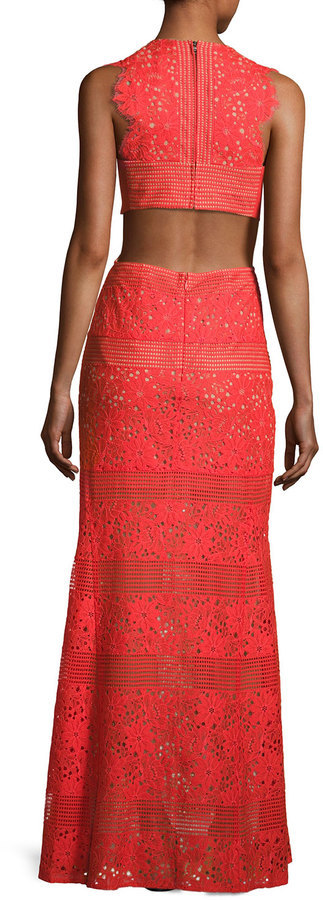 BCBGMAXAZRIA Merida Cutout Back Floral Lace Gown Bright Poppy