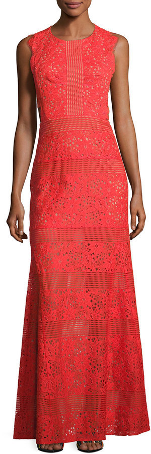 BCBGMAXAZRIA Merida Cutout Back Floral Lace Gown Bright Poppy