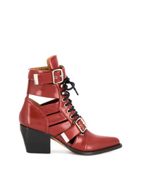Red Cutout Leather Lace-up Ankle Boots