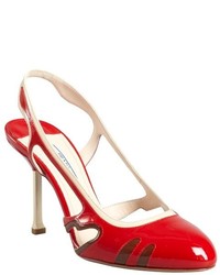 Prada Red And Brown Patent Leather Cutout Slingback Pumps