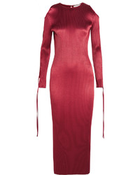 Barbara Casasola Cutout Pliss Satin Midi Dress Crimson