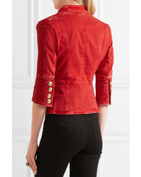 PIERRE BALMAIN Quilted Double Breasted Stretch Denim Jacket Red