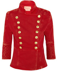 PIERRE BALMAIN Quilted Double Breasted Stretch Denim Jacket Red
