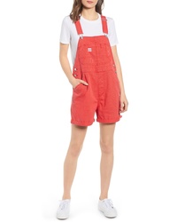 Red Denim Overall Shorts