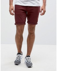 Asos Denim Shorts In Skinny Burgundy With Abrasions