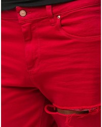 Asos Denim Shorts In Stretch Slim Red With Thigh Rip