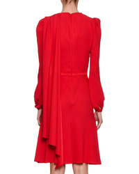 Alexander McQueen Long Sleeve Crepe Draped Bodice Dress Scarlet