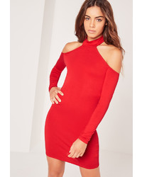 Missguided Jersey Long Sleeve Choker Neck Mini Dress Red