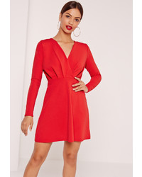 Missguided Pleated Plunge Long Sleeve Skater Dress Red