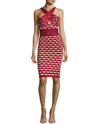 Herve Leger Scalloped Jacquard Crossover Neck Dress With Rings Cranberry Combo