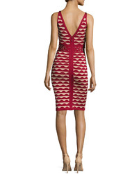 Herve Leger Scalloped Jacquard Crossover Neck Dress With Rings Cranberry Combo